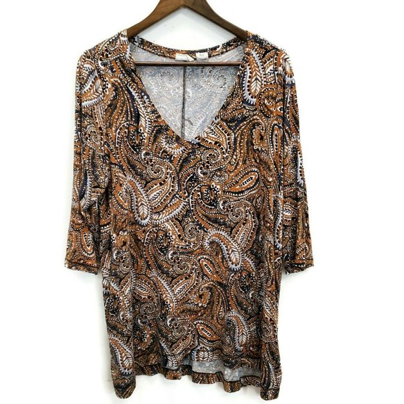 Sigrid Olsen Womens Blue Yellow Paisley Tunic Top Size XL Long Sleeve V Neck - Picture 1 of 8